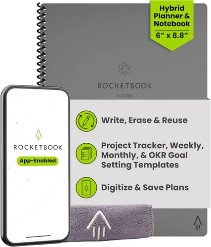 Miniatura 25 de Rocketbook Fusion Hybrid - Planificador y cuaderno reutilizables en uno, páginas en blanco adicionales, rastreador de metas y proyectos, Azul marino