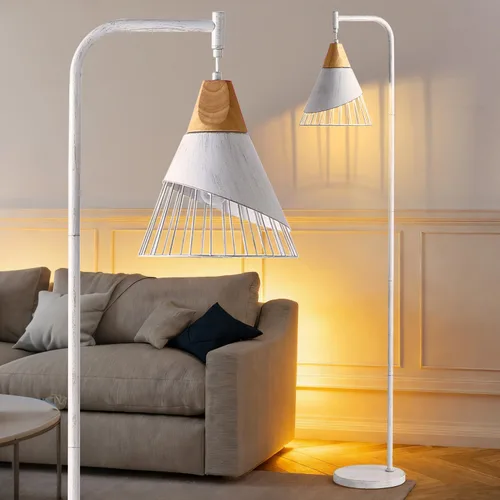 Miniatura 10 de Lámpara de pie industrial de 67" con pantalla de madera y metal negro, lámpara de pie moderna, lámpara alta rústica de estilo granja para sala