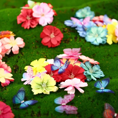 Miniatura 3 de Canlierr Juego de 100 mariposas de organza con cabeza floral sintética para manualidades, 50 cintas pequeñas 3D, 50 mini flores de imitación