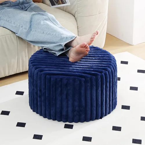 Miniatura 13 de Tiita Puf Otomán Redondo Relleno, Pufs de Piel Sintética a Rayas con Relleno de Trozos de Espuma, Puf Peludo y Esponjoso de 21 x 21 x 12 pulgadas