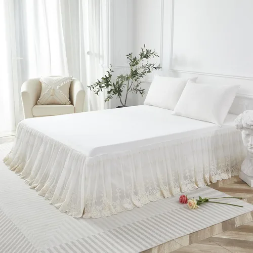 Miniatura 7 de Brandream Falda de cama tamaño queen de lujo con encaje crema y blanco de 18 pulgadas, sábanas románticas para chicas, elegante sábana con faldón