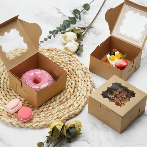Miniatura 5 de LotFancy 60 cajas de panadería marrones con ventana, 4 x 4 x 2.5 pulgadas, cajas pequeñas para galletas, mini cajas de golosinas para mini pasteles