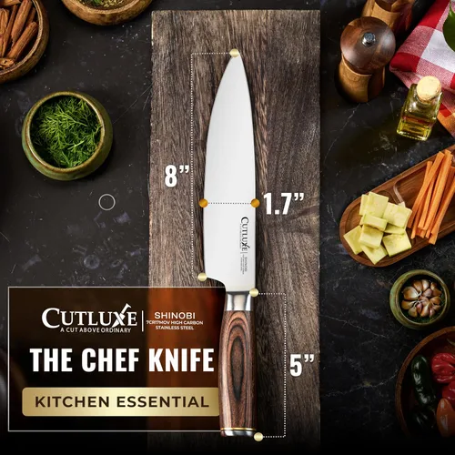 Miniatura 6 de Cutluxe Cuchillo de Chef – Cuchillo de Cocina Japonés Ultra Afilado de 8", Hoja de Acero Inoxidable de Alto Carbono, Mango de Pakkawood de Espiga