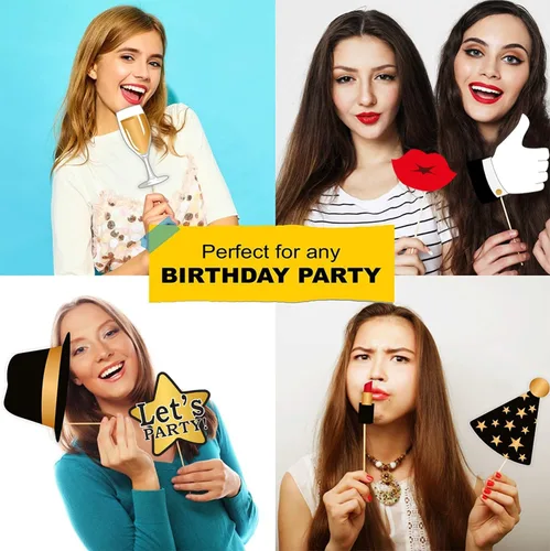 Miniatura 7 de Juego de 29 piezas de accesorios para cabina de fotos de cumpleaños con divertida corona, sombreros, barba y cara feliz, bigote para niños, cabina