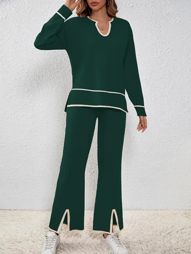Miniatura 2 de SuperPrity Conjunto de 2 piezas de suéter para mujer, con cuello de muesca, manga larga, suéter de punto y pierna ancha