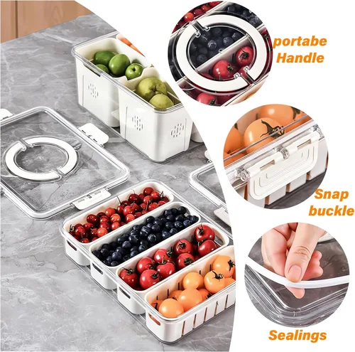 Miniatura 5 de Contenedores portátiles de almacenamiento de frutas para refrigerador, contenedor de caja de aperitivos de 4 compartimentos, bandeja dividida sin