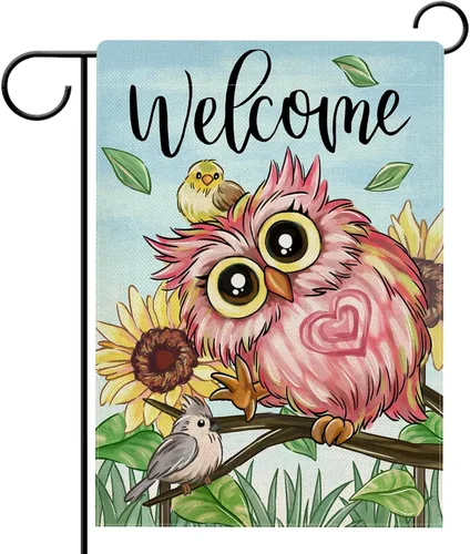 Hzppyz Bandera de jardín de búho rosa de bienvenida para primavera y verano, de doble cara, ramas de girasol, decoración pequeña para exteriores,