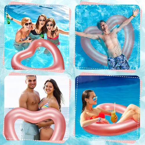 Miniatura 6 de Sumind Flotador de piscina de corazón de 2 piezas, 47.3 x 39.4 pulgadas, anillos de natación inflables para despedida de soltera, tubo flotador, Oro