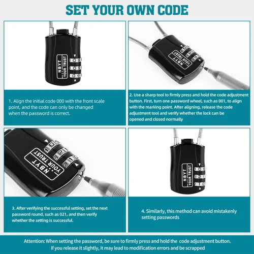 Miniatura 6 de Cerradura de cable de cuerda de alambre con código reiniciable, aleación de zinc, mini cerradura combinada para casco, equipaje, esquí, snowboard