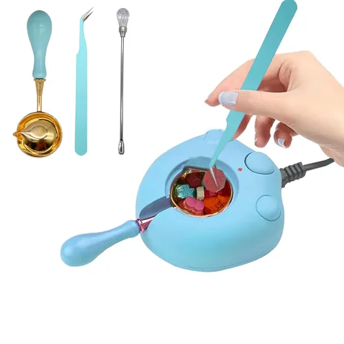 Miniatura 9 de Kit de calentador de sellos de cera eléctrico negro con cuchara, pinzas y palito de agitador, para sello de cera, sobre letras y manualidades