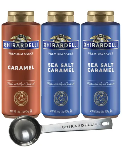 Ghirardelli 1 - Salsas de caramelo y 2 - salsa de caramelo con sal marina, botellas de presión de 16 oz con cuchara barista estampada