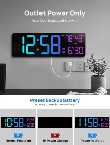 Miniatura 9 de Reloj de Pared Digital Grande de 18.5" con Control Remoto, Relojes Digitales con Pantalla LED Grande con Luz Nocturna, Alarma, Cuenta Regresiva