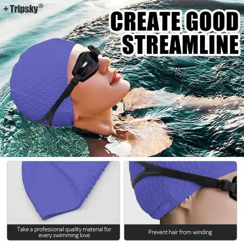 Miniatura 5 de Tripsky Gorro de natación de silicona, gorro de baño cómodo ideal para cabello rizado corto, mediano y largo, gorro de natación para mujeres y Very
