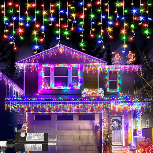 Luces de Navidad de colores para exteriores, 33 pies, 400 luces LED de carámbano para exteriores de la casa con cable transparente conectable, 8