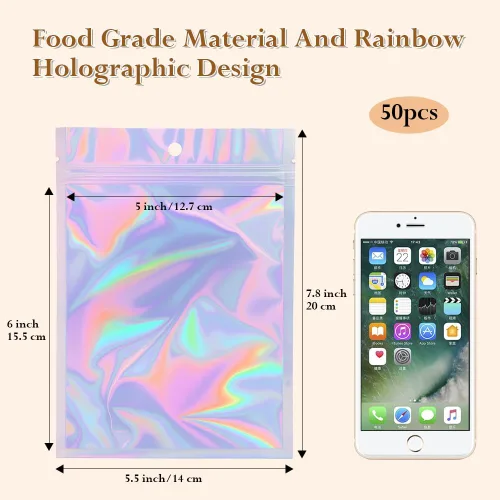 Miniatura 2 de 50 bolsas holográficas de Mylar de 5.5 x 7.8 pulgadas, bolsa resellable con cremallera, bolsas a prueba de olores para embalaje, muestras de brillo