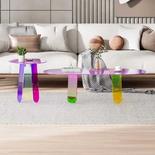 Miniatura 8 de Mesa auxiliar acrílica, mesa de centro iridiscente arcoíris con cubierta de mesa de PVC, muebles de acrílico transparente, mesita de noche redonda