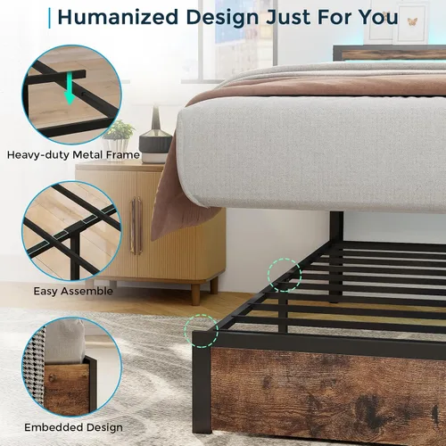 Miniatura 5 de SADENICEL Base de cama de tamaño matrimonial con almacenamiento, plataforma de cama de madera LED con cabecero, 2 cajones, estación de carga,