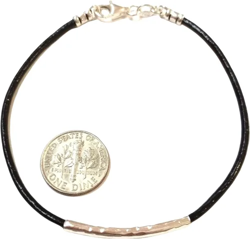 Miniatura 4 de 2mm Black Leather Cord with 925 Sterling Silver Ends, Clasp and Floating Hammered Curved Tube Bracelet. Made to Your Size. Women, Men, Unisex