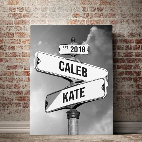 Miniatura 22 de Póster de Lienzo de Señal de Calle Vintage con Nombre Personalizado para Pareja, Póster de Lienzo de Señales de Calle de Encrucijada con Fecha