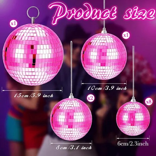 Miniatura 3 de WILLBOND 12 paquetes de bola de espejo de discoteca con anillo colgante para divertidas decoraciones de fiesta retro de discoteca, efecto de Rosa