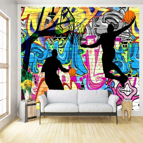 Miniatura 8 de Ine Ive Tapiz deportivo de baloncesto con graffiti nostálgico, póster de pared de arte callejero de 40 x 30 pulgadas para niños, silueta de tiro