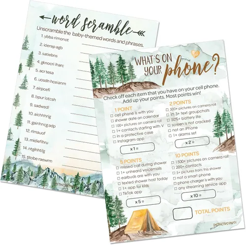 Miniatura 9 de DISTINCTIVS Little Adventurer - Juego de Baby Shower - ¿Qué hay en tu teléfono y palabras Scramble? 20 tarjetas de doble cara - Juegos de baby