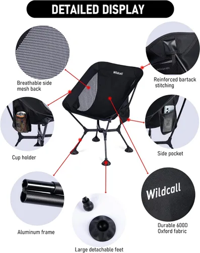 Miniatura 7 de WildCall Silla de camping plegable ligera con marco de configuración rápida, silla de playa compacta para mochileros con pies antideslizantes