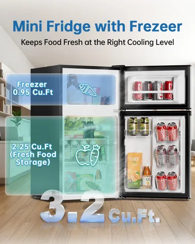 Miniatura 3 de Mini refrigerador de 3.2 pies cúbicos con congelador, ahorro energético, congelador vertical de doble puerta para dormitorio, oficina y dormitorio