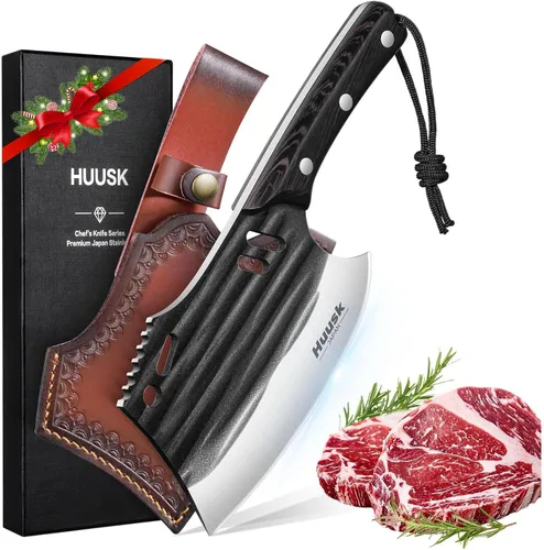 Miniatura 7 de Huusk Juego de cuchillos de chef serbio - Juego de 6 cuchillos de carnicero forjados a mano para cortar carne, cuchillos vikingos con bolsa