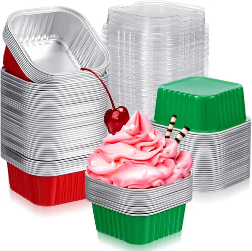 Miniatura 9 de 100 piezas de tazas de aluminio para Navidad, contenedor de cupcakes de papel de aluminio con tapas, 5 onzas, molde cuadrado de papel de aluminio