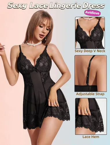 Miniatura 3 de Avidlove Lencería sexy para mujer, lencería tipo babydoll de malla, ropa de dormir con encaje