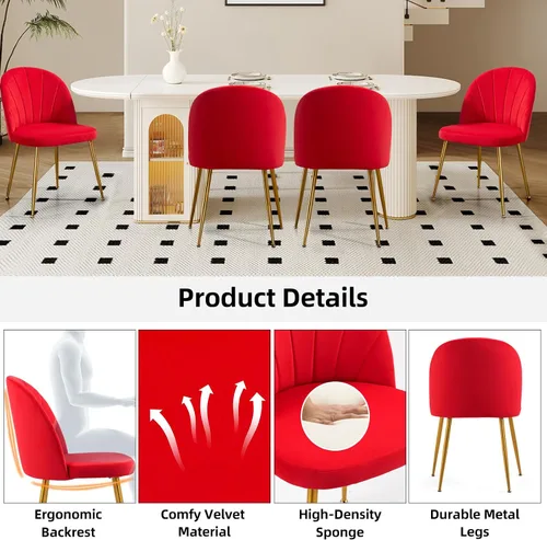 Miniatura 5 de Juego de 4 sillas de comedor de terciopelo, sillas de comedor modernas tapizadas de mediados de siglo, sillas decorativas sin brazos con patas