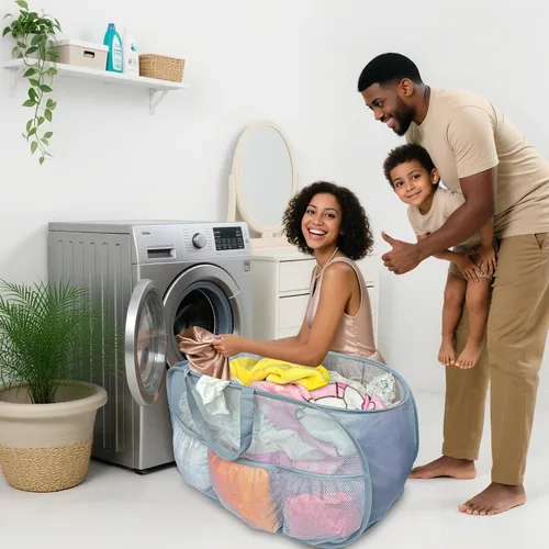 Miniatura 2 de Cestas plegables para la ropa sucia, paquete de 2 cestas de malla desplegable con asas, cesta portátil para escalera, cubo plegable para dormitorio