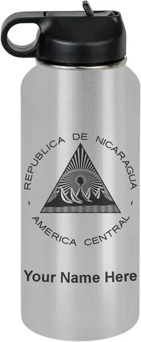 Miniatura 77 de LaserGram Botella de agua personalizada, bandera de Nicaragua, acero inoxidable de doble pared aislada al vacío con popote superior, regalo grabado
