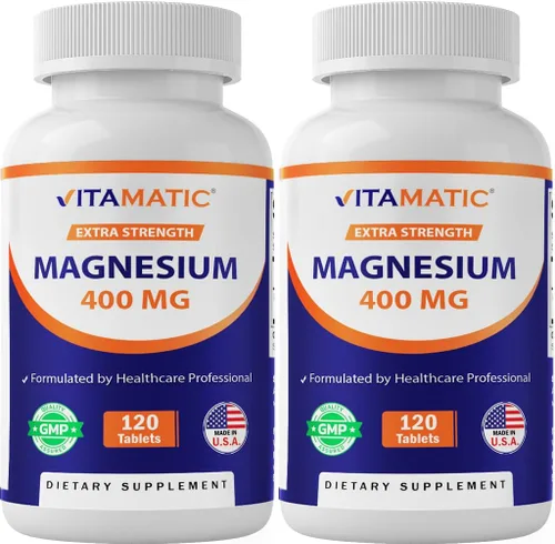 Vitamatic Extra Stregth óxido de magnesio 400 mg 120 tabletas vegetarianas - Apoya la salud muscular, nerviosa y cardíaca* - Fabricado en los