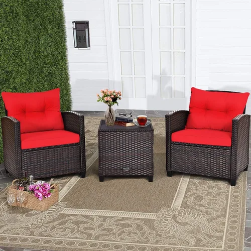Miniatura 12 de RELAX4LIFE Juego de muebles de patio de 3 piezas, juego de conversación de mimbre con 2 sillones acolchados y mesa con tapa de cristal, juego