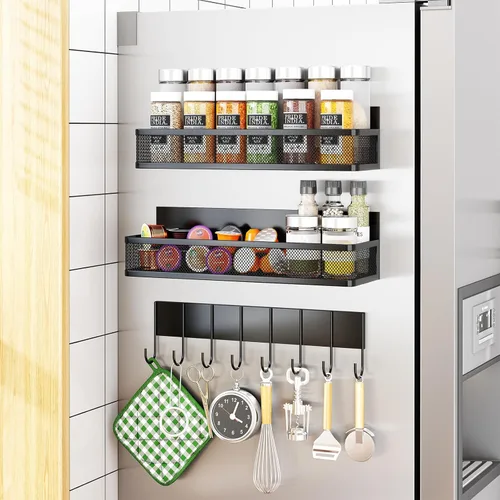 Miniatura 10 de Aufworld Estante magnético para especias para refrigerador, paquete de 2 estantes magnéticos, organizador magnético para refrigerador con 4 ganchos