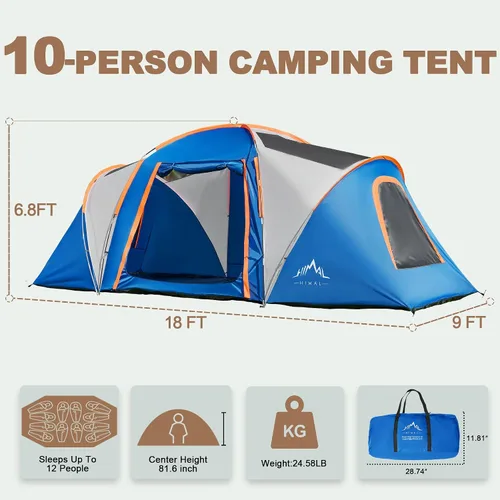 Miniatura 2 de uniHimal Tents for Camping, Waterproof 10 Person Family Tent with Double Layer & 4 Large Mesh Windows, Weather Resistant Easy Setup 2 Room Big Tent