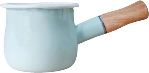 Miniatura 9 de Mini Olla de Leche Esmaltada de 0.6 Cuartos Mango de Madera Aislado 2 Picos Vertedores Calentador de Alimentos Pequeño Cacerola Bonita (D015, Morado)