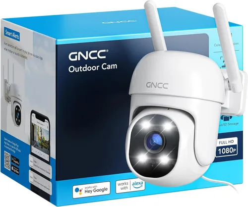 Cámara de seguridad para exteriores GNCC 1080P, 360 PTZ 2.4GHz WiFi Plug-in Cam (paquete de 1) | Color Night Vision, Motion Detection and Siren,
