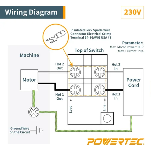 Miniatura 6 de Powertec 120V/230V de voltaje dual, 28 amperios, interruptor monofásico de encendido/apagado, tornillos incluidos para instalación en caja
