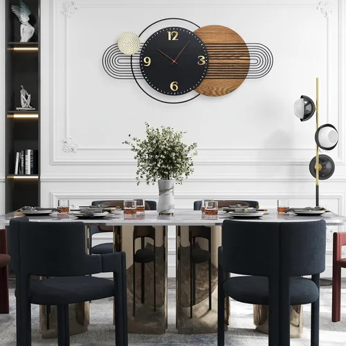 Miniatura 5 de Reloj de pared Anmotpe moderno, operado con batería, grandes relojes negros de metal y madera, estilo retro, reloj de pared grande de metal