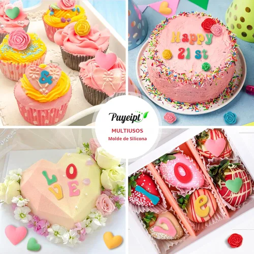Miniatura 7 de Moldes de silicona de letras para chocolate, 5 piezas de moldes de números y letras en forma de corazón de rosa, moldes de fondant para caramelos