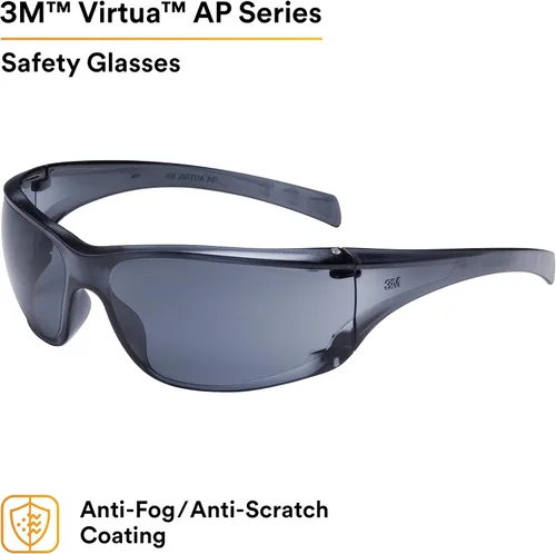 Miniatura 2 de 3M Anteojos de seguridad, Virtua AP, 1 par, ANSI Z87, antiniebla, revestimiento antiarañazos, lente gris, montura gris, protectores laterales