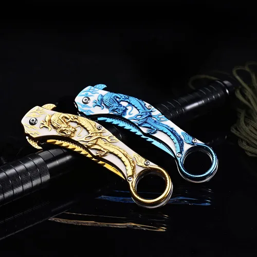 Miniatura 5 de Vividstill Cuchillo de bolsillo para hombres, cuchillo plegable genial con relieve de dragón azul en 3D, gran regalo de cuchillo EDC para hombres