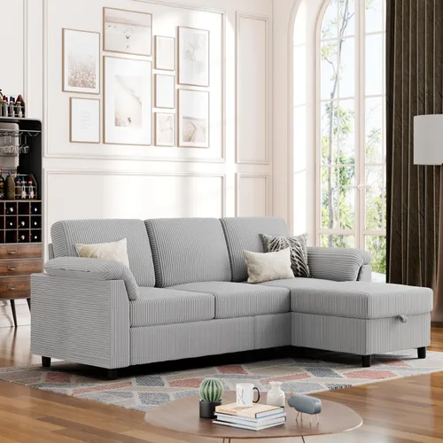 Miniatura 9 de Vongrasig Sofá Seccional Convertible, Sofá en Forma de L de 3 Asientos con Almohadas Removibles Tela de Pana Suave Sofá Pequeño de Mediados de Siglo