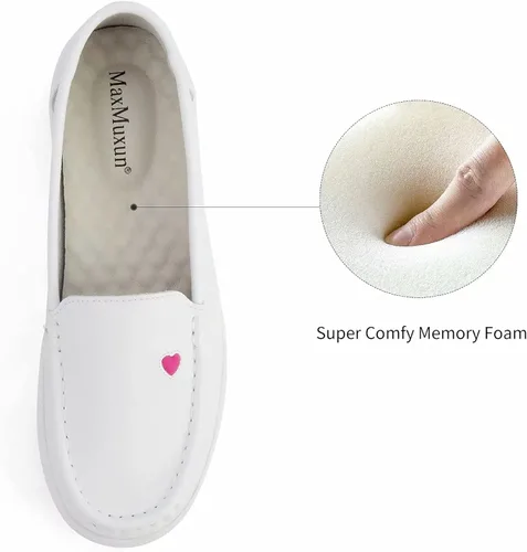 Miniatura 3 de MaxMuxun Zapatos de enfermería antideslizantes de las mujeres de cuero cómodo resbalón en zapatos planos mocasines para el trabajo del restaurante