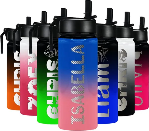 Miniatura 27 de Botella de agua personalizada para niños con tapa de popote en azul aguamarina degradado para la escuela, nombre personalizado para niños, 18 onzas