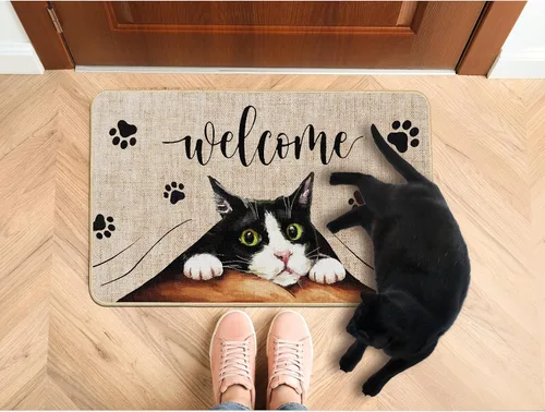 Miniatura 2 de Tapete de bienvenida para puerta de gato, tapete antideslizante de huellas divertidas, decoración familiar, tapete de entrada para interiores