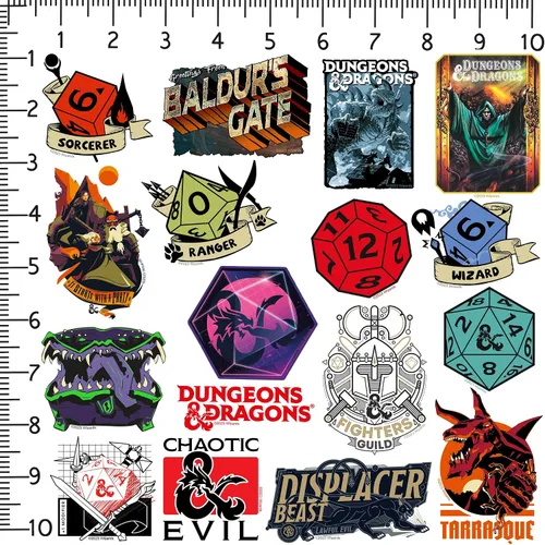Miniatura 2 de Dungeons & Dragons - Paquete variado de 100 calcomanías de vinilo grandes de lujo, dados de RPG troquelados, calcomanías de clase y fantasía